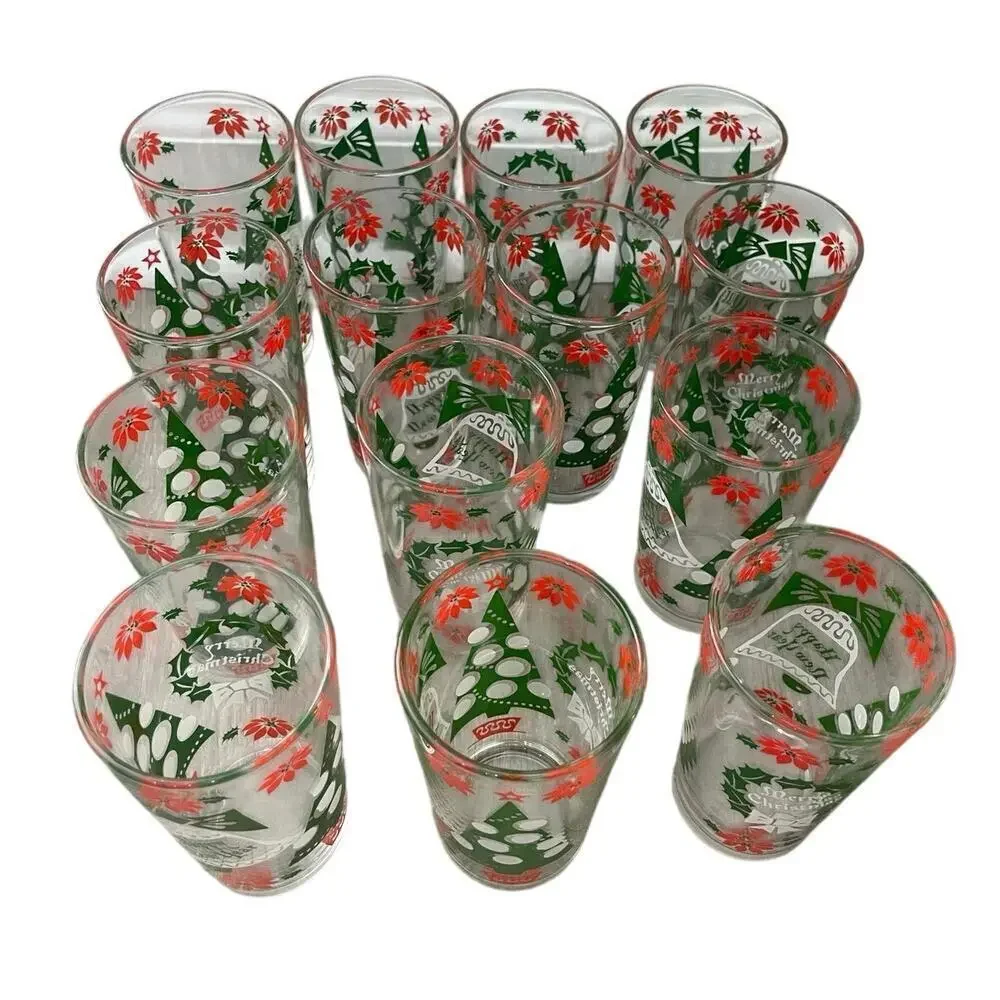 VINTAGE HAZEL ATLAS GLASSES SET OF 14 HOLIDAYS CHRISTMAS WREATH HOLLY BERRY RARE